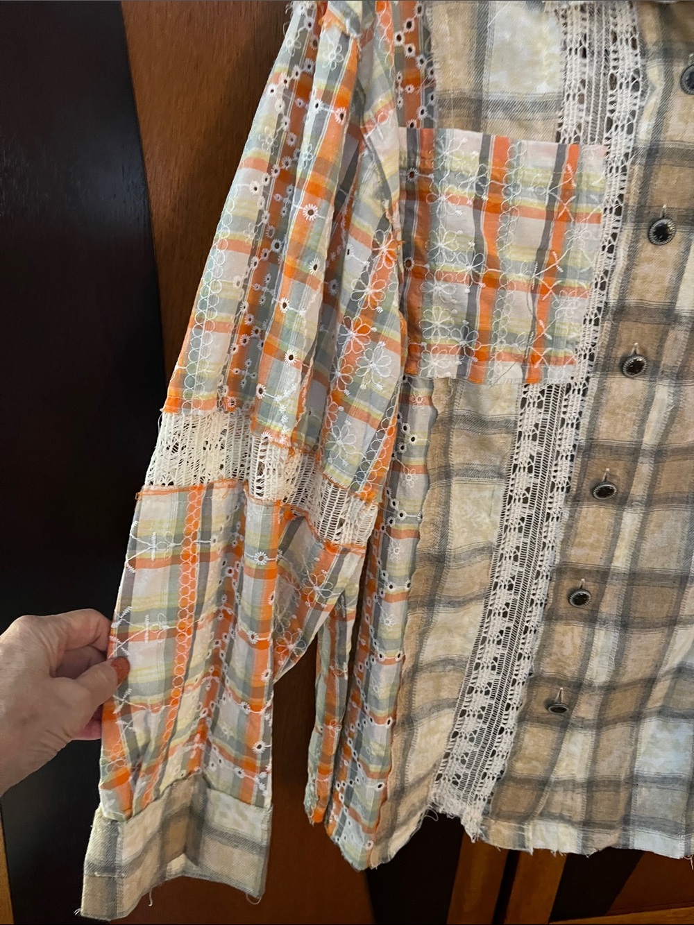 POL Plaid & Lace Patchwork Button-Up Shirt - Beige-Orange-Cream w/Open Lace - Picture 7 of 14